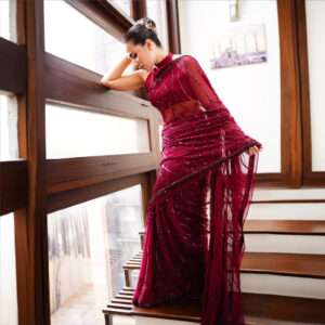 Maroon Wavy Sequins Chiffon Saree SS-0010