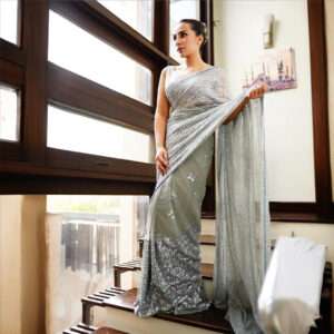 Cloudy White Silver Sequins Chiffon Saree SS-0008