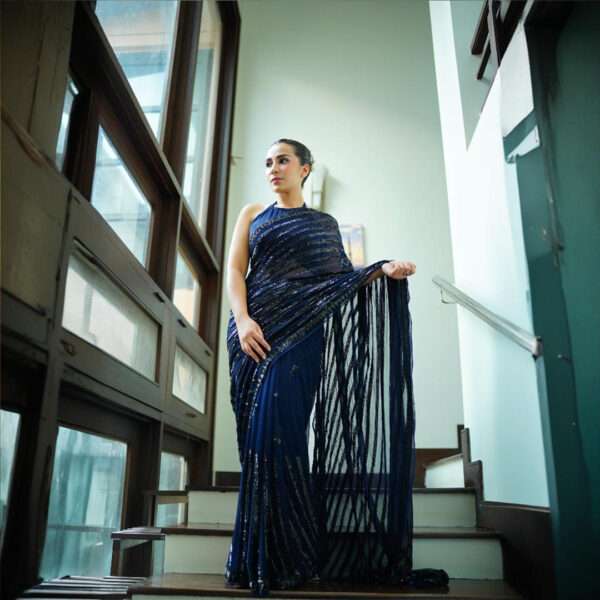 Navy Blue Black Sequins Chiffon Saree SS-0006