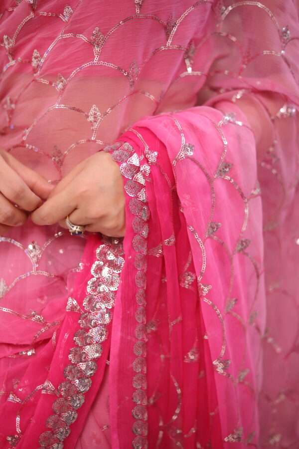Ombre Pink Silver Sequins Chiffon Saree SS-0001