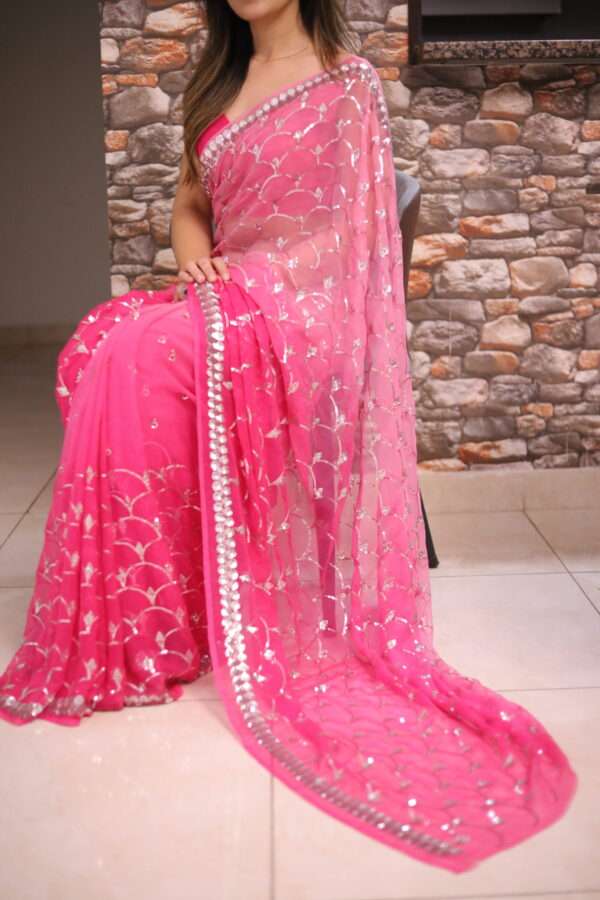 Ombre Pink Silver Sequins Chiffon Saree SS-0001