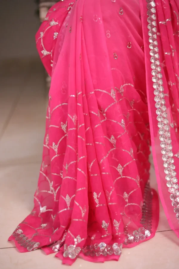 Ombre Pink Silver Sequins Chiffon Saree SS-0001