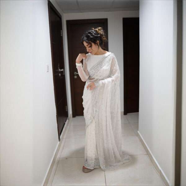 White Silver Sequins Chiffon Saree SS-0003