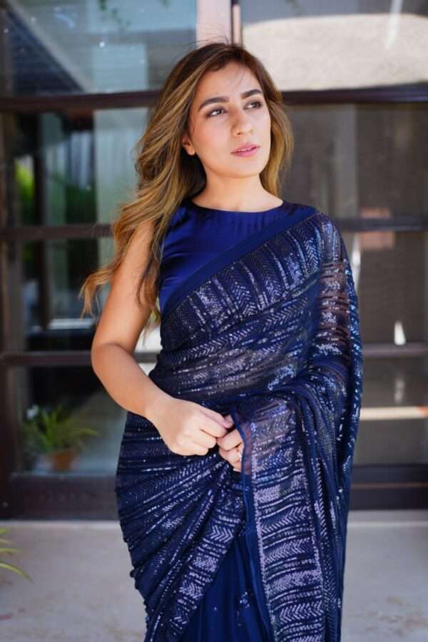 Navy Blue Sequins Saree SS-0015