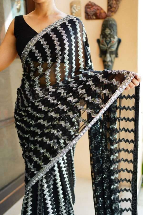 Black Silver Sequins Chiffon Saree SS-0011