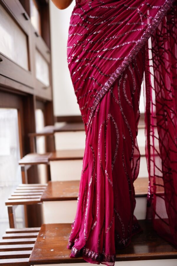 Maroon Wavy Sequins Chiffon Saree SS-0010