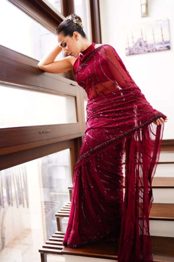 Maroon Wavy Sequins Chiffon Saree SS-0010