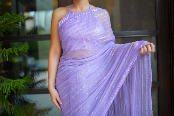 Lilac Striped Sequins Chiffon Saree SS-0007