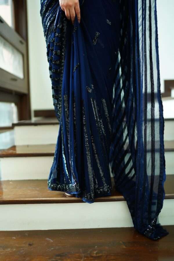 Navy Blue Black Sequins Chiffon Saree SS-0006