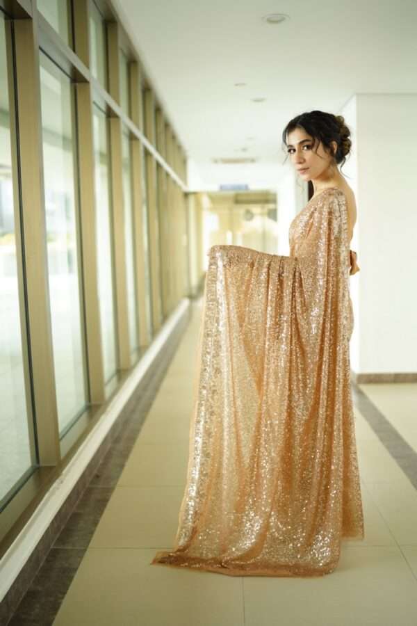 Peach Gold Sequins Chiffon Saree SS-0005