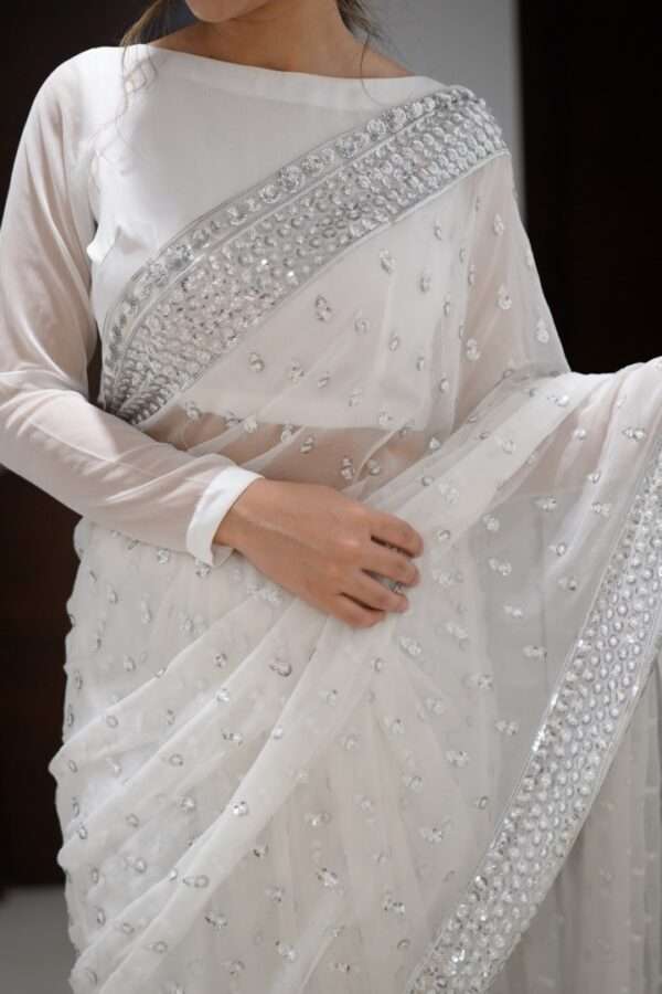 White Silver Sequins Chiffon Saree SS-0003