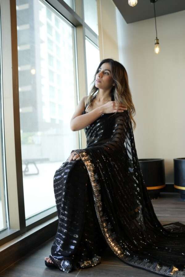 9mm Black Silver Sequins Chiffon Saree SS-0002