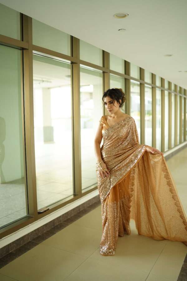Peach Gold Sequins Chiffon Saree SS-0005