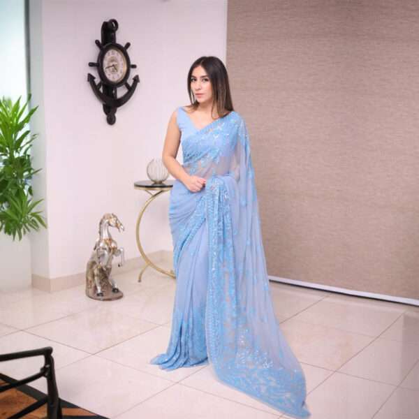 Ice Blue Double Border Sequins Saree SSDB-0001