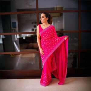 Hot Pink Floral Rhinestones All Over Saree SSRS-0006