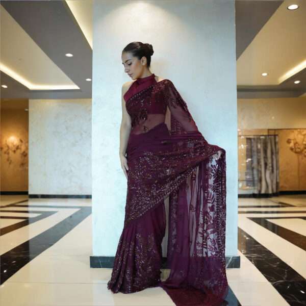 Maroon Double Border Sequins Saree SSDB-0004