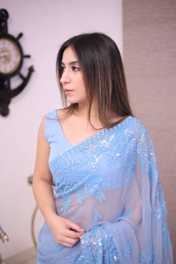 Ice Blue Double Border Sequins Saree SSDB-0001
