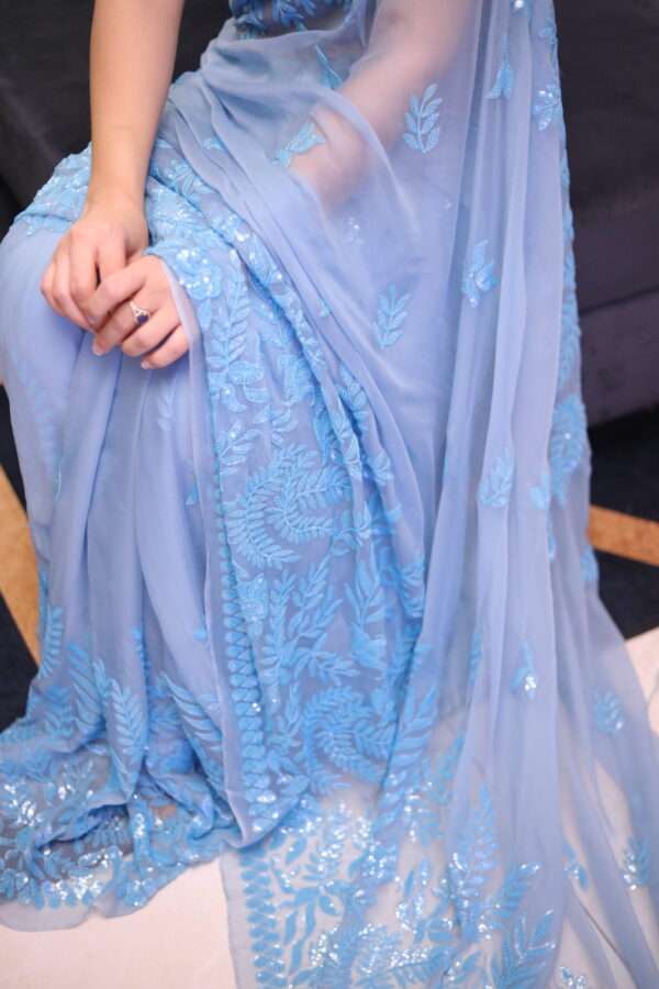 Ice Blue Double Border Sequins Saree SSDB-0001