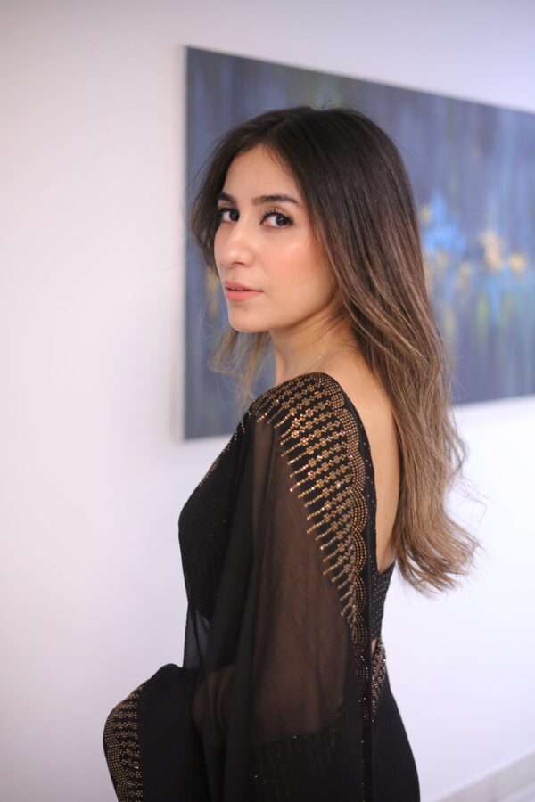 Black Saree with Glass Gold Stones Borders SSD-0002