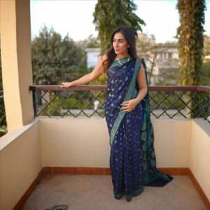 Navy Blue Chiffon Banarsi Saree Double Zari SSB-0007