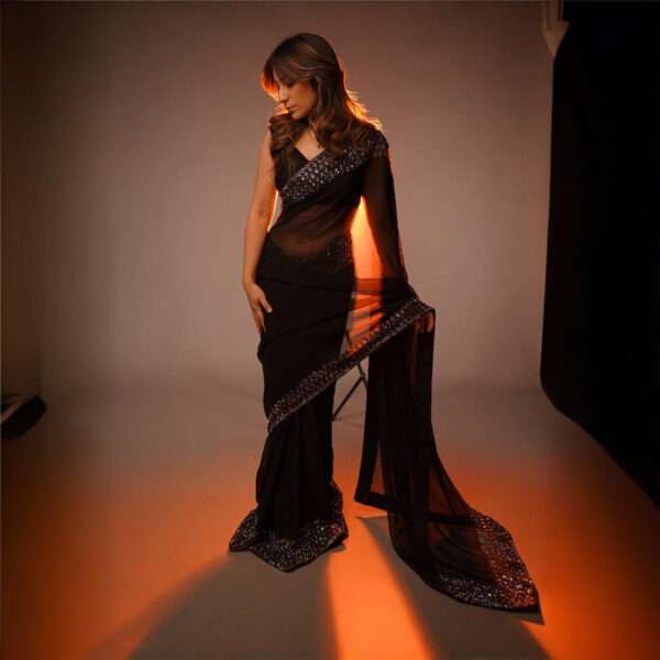 Black Double Border Silver Stones & Crystals Saree SSRB-0003