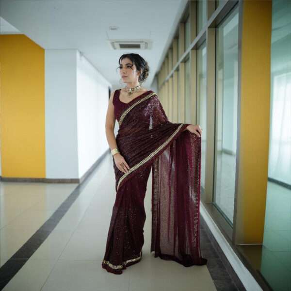 Maroon Full Sequins with Cutdana & Beads Embellished Borders Saree SSHC-0002