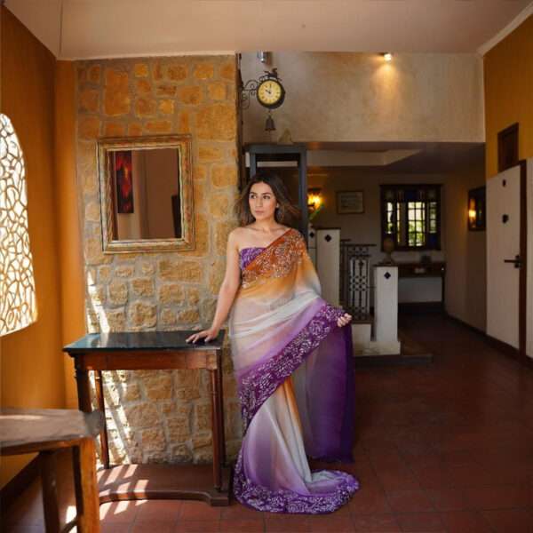 Tie & Dye Floral Border Saree Mustard Purple SSTD-0004