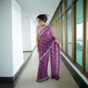 Sky Magenta Sequins & Beads Embellished Saree -0003