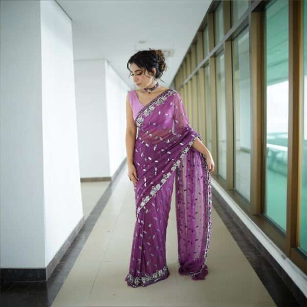 Sky Magenta Sequins & Beads Embellished Saree -0003