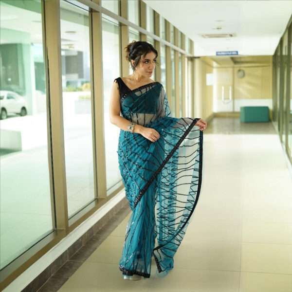 Teal Blue Premium Swiss Net Saree SSN-0001