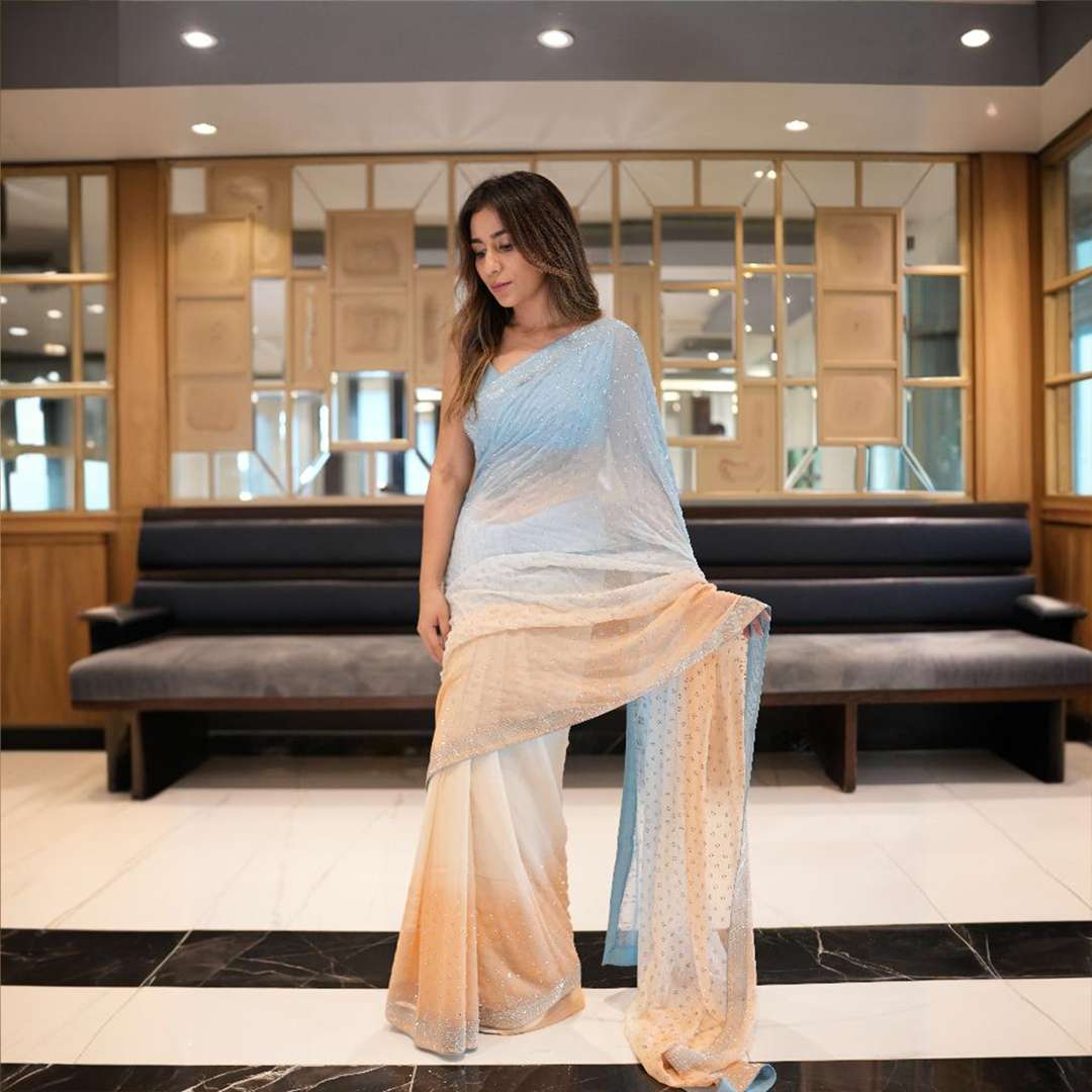 Tie & Dye All Over Stones Ice Blue Peach Saree SSTD-0001