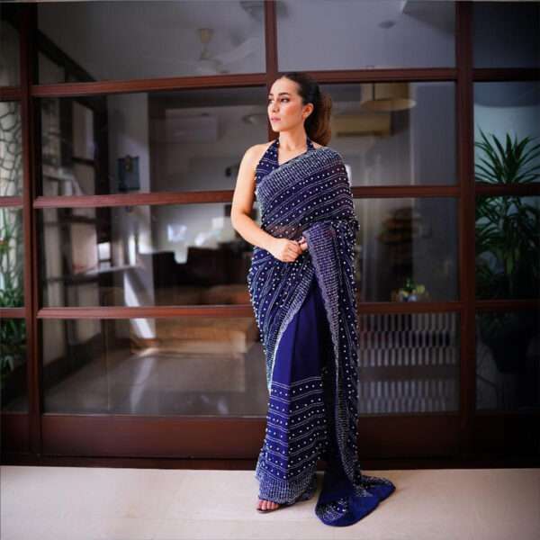 Navy Blue Beads & Rhinestones Embellished Saree SSRH-0001