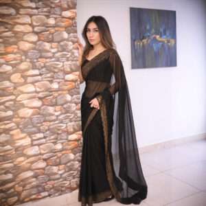 Black Saree with Glass Gold Stones Borders SSD-0002
