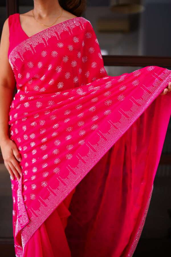 Hot Pink Floral Rhinestones All Over Saree SSRS-0006