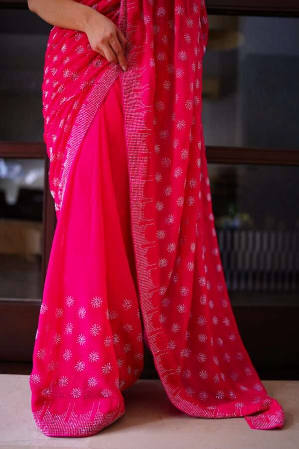 Hot Pink Floral Rhinestones All Over Saree SSRS-0006