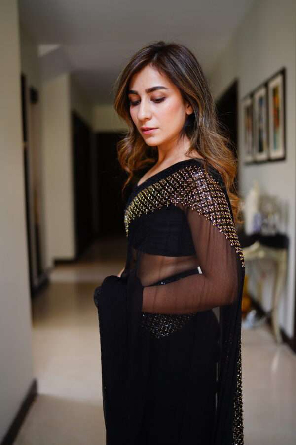 Black Cutdana & Sequins Double Border Saree SSDB-0005