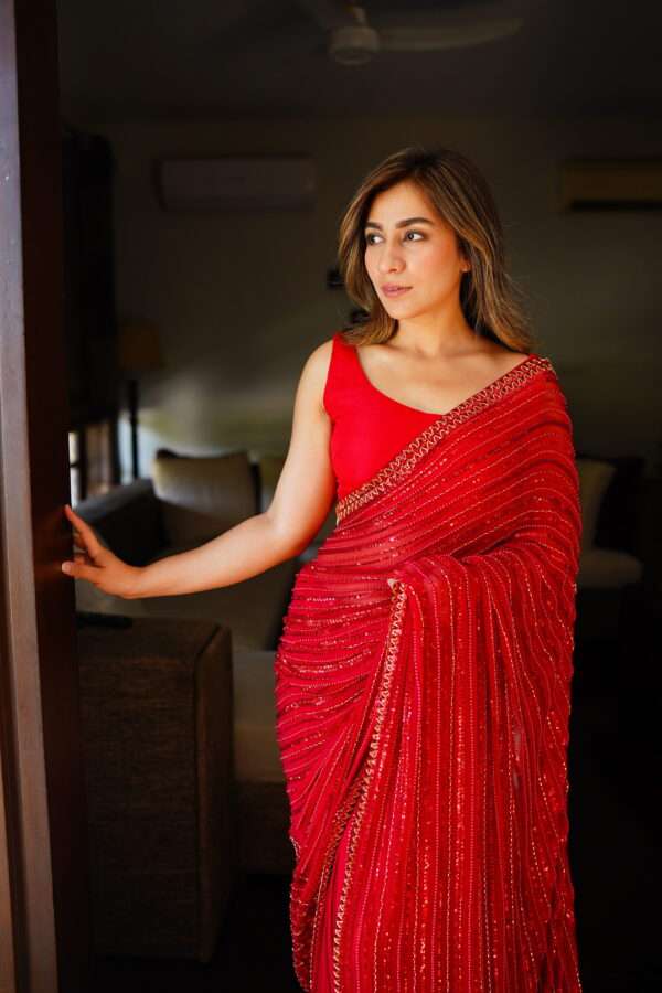 Red Saree Embellished with Sequins, Cutdana & Beads SSHC-0001