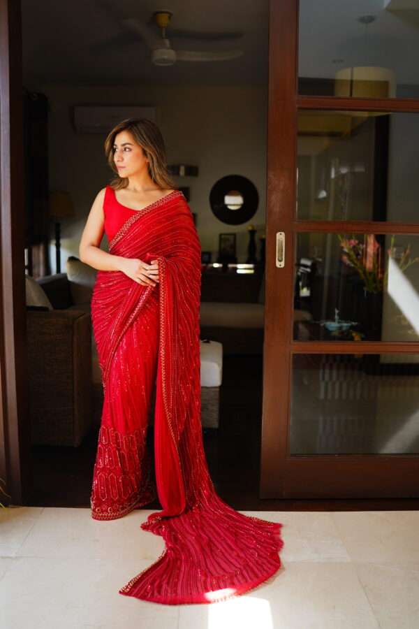 Red Saree Embellished with Sequins, Cutdana & Beads SSHC-0001