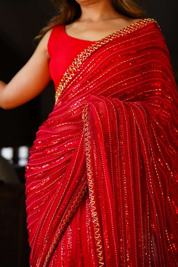 Red Saree Embellished with Sequins, Cutdana & Beads SSHC-0001