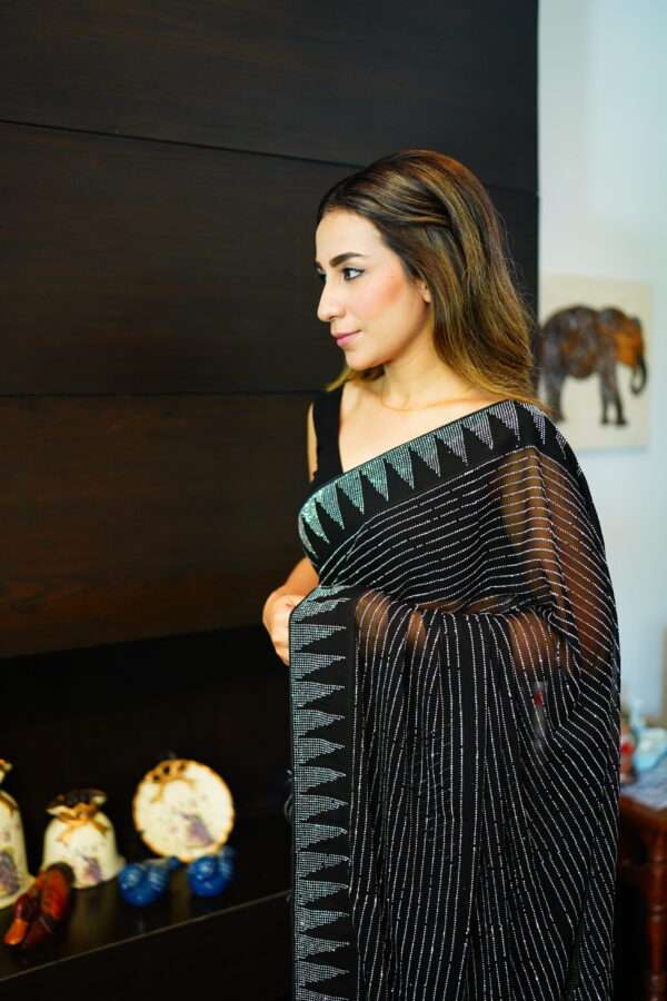 Black Silver Striped Rhinestones Saree SSRS - 0008