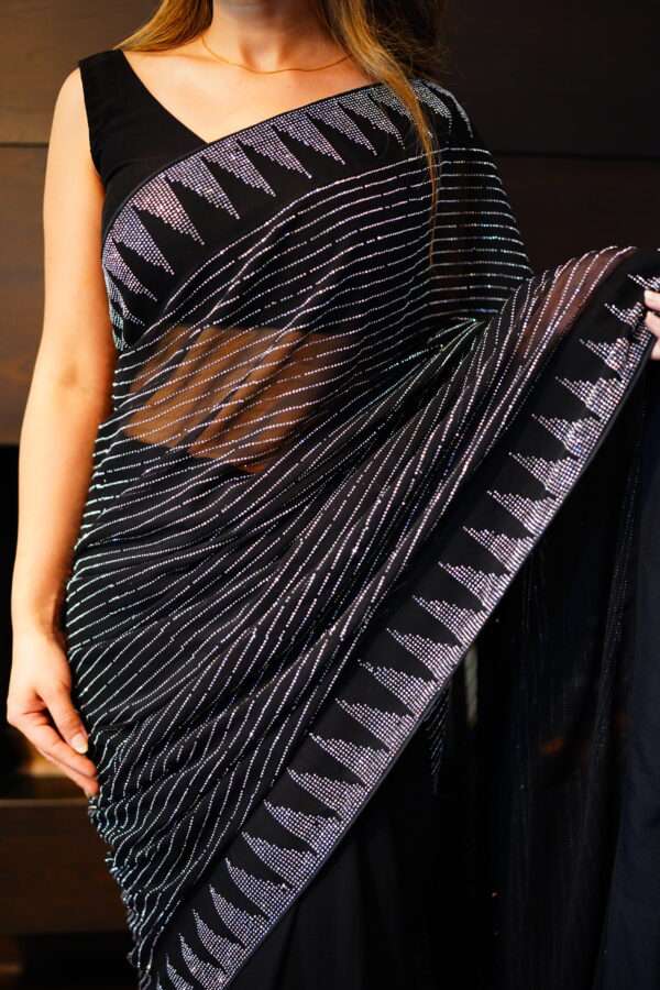 Black Silver Striped Rhinestones Saree SSRS - 0008