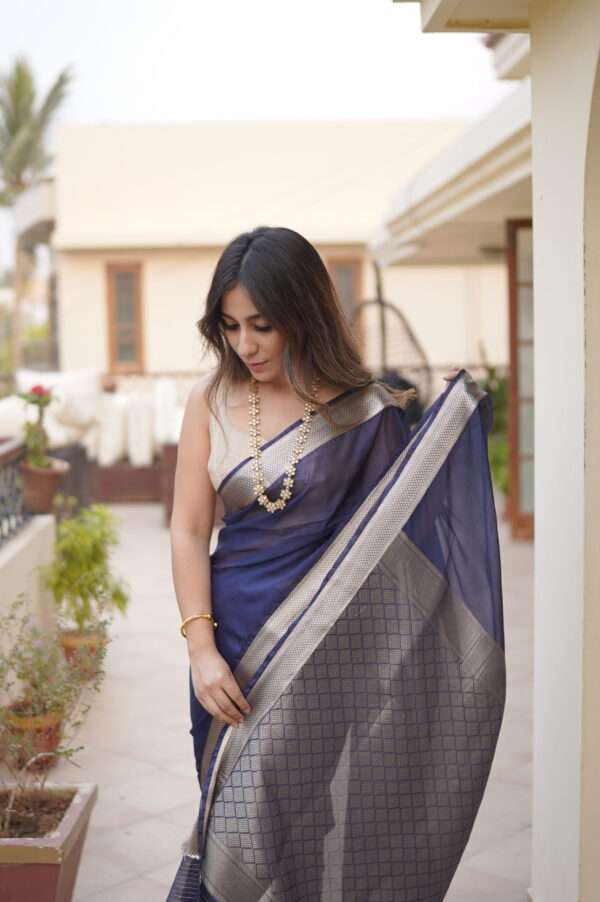 Navy Blue Chiffon Banarsi Saree SSB-0002
