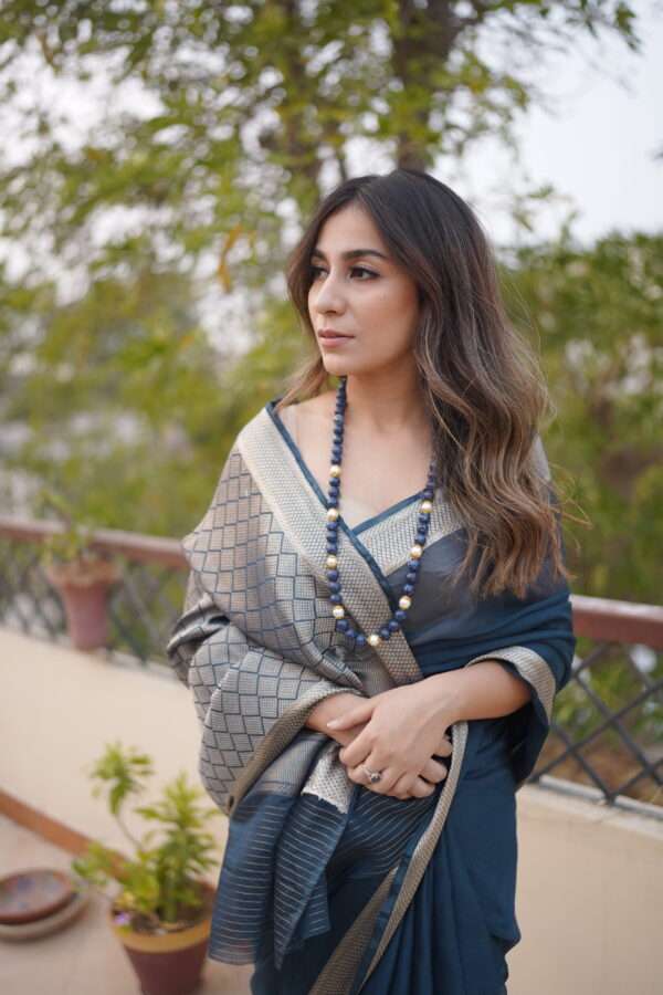 Navy Blue Chiffon Banarsi Saree SSB-0002