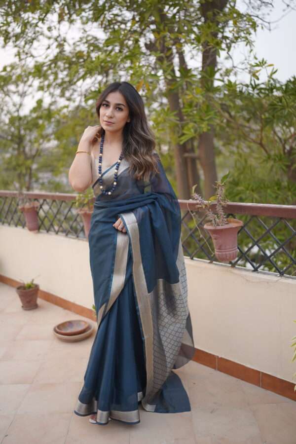 Navy Blue Chiffon Banarsi Saree SSB-0002