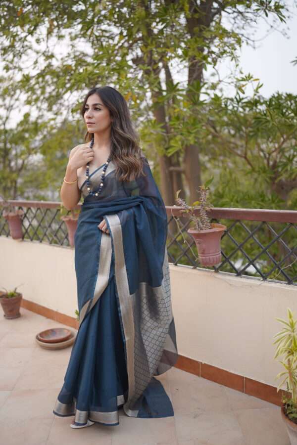 Navy Blue Chiffon Banarsi Saree SSB-0002