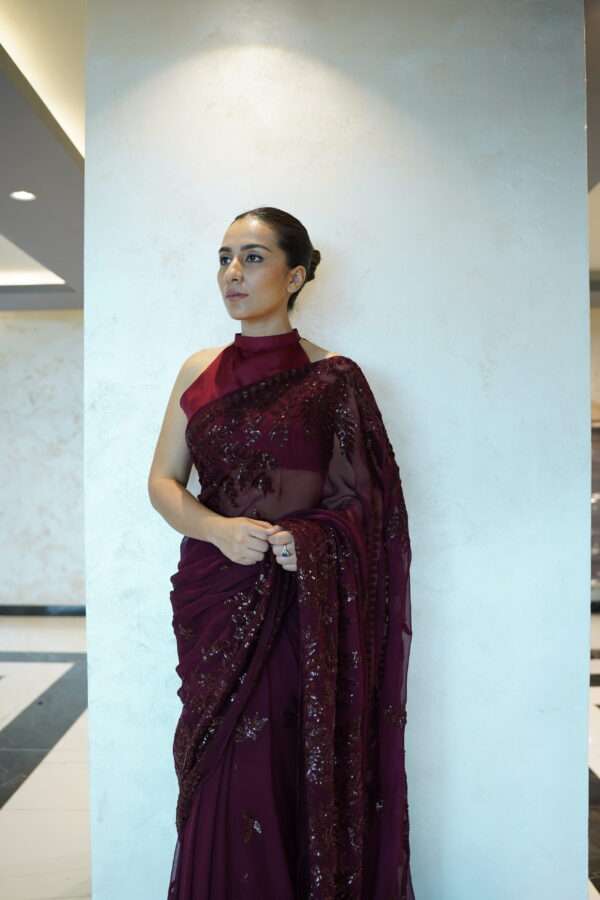 Maroon Double Border Sequins Saree SSDB-0004