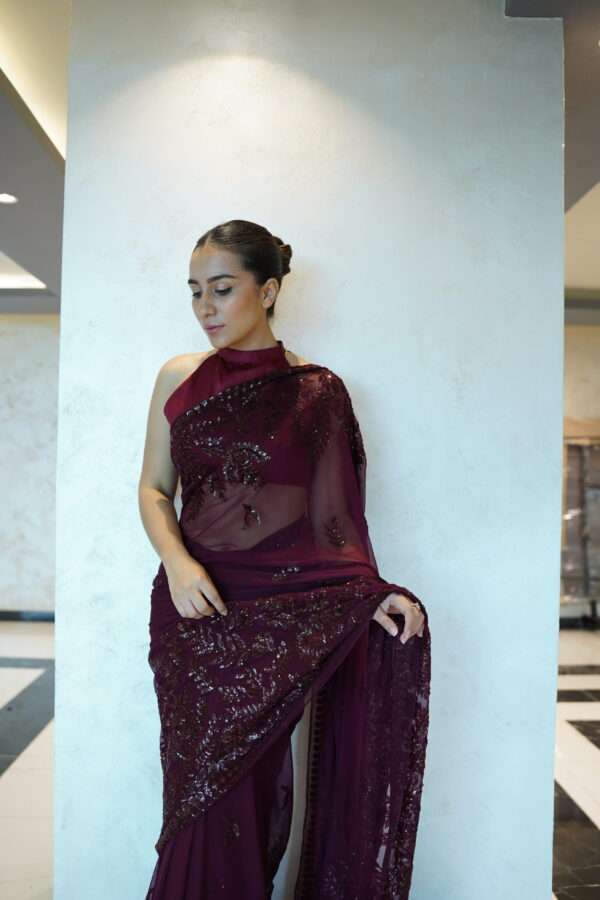 Maroon Double Border Sequins Saree SSDB-0004