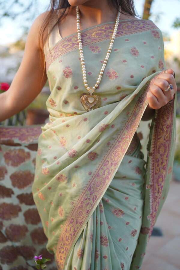 Pastel Green Chiffon Banarsi Saree Double Zari SSB-0006