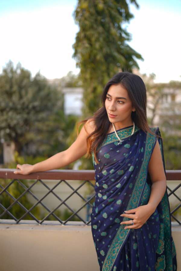 Navy Blue Chiffon Banarsi Saree Double Zari SSB-0007