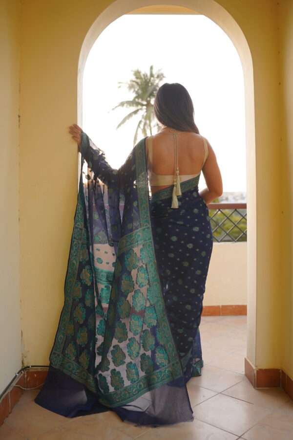 Navy Blue Chiffon Banarsi Saree Double Zari SSB-0007